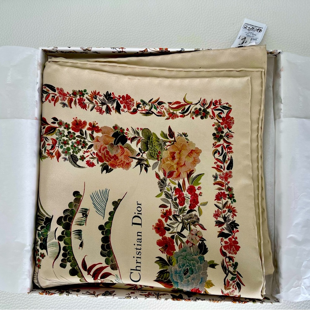 Christian Dior Jardin d’Hiver silk scarf. Current collection.